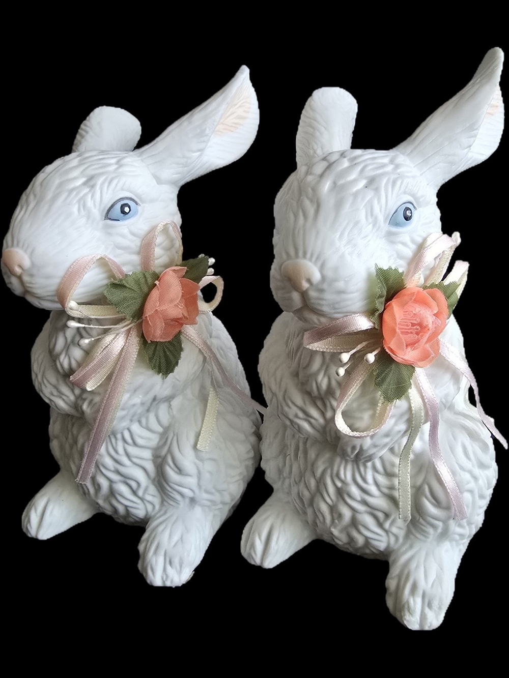 White Ceramic Bunny Figurine with Pink Rose Accent - Home Art